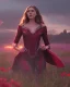 Placeholder: Feiticeira escarlate, Elizabeth Olsen, feiticeira, magia, bonita, cenário em um campo de flores, cinematográfico, dramático, por do sol, campo de flores, cores frias