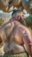 Placeholder: back portrait photography of a marocan ugly angry dirty burly stocky chubby farmer 31 years old, bullneck, strong arms, big belly, very sweat, long beard, very angry, angry eyes, near an olive tree , in the Italian countryside , September sun, ambient occlusion, DSLR, cinematic shot, hyper detailed photography, photorealistic, 50mm lens , strong side light, back view