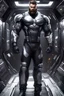 Placeholder: Illustrate a most muscular meaty bearded aribic hunk Bodybuilding champion alike more more more more muscle way too much muscle for the suit dressed in a sleek, (( dark metalic color body metal uniform with sliver lining on))space cop with a full body picture of him working in a spacestation，demontrate more on his part
