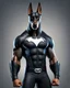 Placeholder: Muscular and powerful Doberman superhero, weightlifter type, with a serious and confident expression. He wears the suit inspired by Batman's. On the chest a (((stylized logo))) of a dog. Strike a heroic pose. Vibrant typography 3d rendering photo