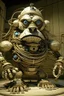 Placeholder: Description d'un golem : articulé vêtu de façon colorée. Ses membres segmentation et son torse ouverts laissent apparaître un enchevêtrement complexe de câbles, poulies et ressorts. Son visage est un simple masque de théâtre montant un grand sourire. Il a un air sympathique et aceuillant. Le Golem est debout, devant un colisée