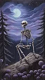 Placeholder: A oil painting of a skeleton sitting on the top of a hill, lookin into the night sky. A Forrest in the background. Painting. Purple colours. Blue colours. Night. Melancholic mood. Colorful.Pastel colours. Masterpiece.