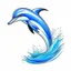 Placeholder: realistic drawing of a dolphin. Blue dolphin, jumping in waves.