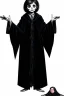 Placeholder: 7 year old boy, necromancer, friendly, looks dead,wearing black robes, with the lower body of a genie, in the style of Harry Clarke