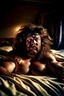 Placeholder: full figure photography, 35mm lens, ugly burly gypsy man 36 years old lying over the bed, with hands behind the head, hairy armpits, manly armpits, ugly and dirty, manly chest, hairy chest, muscular chubby, manly chest, shirtless, with bulging ripped boxer, sad eyes, photorealistic , dim side light, ambient occlusion, in the dark