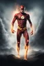 Placeholder: full-length portrait, extremely tall, thick, extremely muscular The Flash, extremely exaggerated muscular physique, standing on the world in outer space with his fists on his hips looking forward, multicolored fog, mist, futuristic landscape