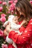 Placeholder: A mother holding a baby with love and compassion, great quality picture show flowers in the background in a romantic scene