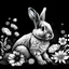 Placeholder: a beautiful rabbit between clear seeds and big flowers black background .black and white colors. for coloring . with grayscale