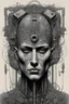 Placeholder: The face of a man with a Indian fathers on head with computer chips a thin line draw ، front view camera, decayed and rotting with grotesque proportions and imagery. surreal horror, biomechanical design, by hr giger and beksinski , fine lines draw