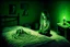 Placeholder: a knitted girl sitting on a bed and vomiting green lines, an exorcist priest standing next to her bed in a room in candlelight at night