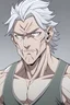 Placeholder: Anime Man main character with gray hair,, too much muscles,aged 38