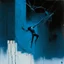 Placeholder: Minimal abstract oil painting of a falling person limbs sinew. Amongst concrete fragments brutalist architecture and hanging wires illuminated at night. Blue In the style of Justin Mortimer and Phil Hale and Ashley Wood