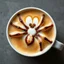 Placeholder: close up top-down view of a latte with a shape of a Gigeresque spider formed in the milky foam, professional photography, looks like an advertising campaign photo, delicious