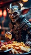 Placeholder: portrait of a vampire werewolf gremlin with mustage eating cheese doodles and the blood of fish on a viking ship, in the style of Giger,bokeh like f/0.8, tilt-shift lens 8k, high detail, smooth render, down-light, unreal engine, prize winning