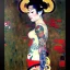 Placeholder: dibujo al oleo de cuerpo entero de una Geisha bella con tatuajes maorís estilo Gustav Klimt