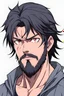 Placeholder: Young man with beard and black hair serious strong anime