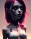 Placeholder: art of a short devil girl with black horns and deep red hair with green eyes, soft lighting, complimentary pastel gradients, high definition, 3d icon clay render, blender 3d