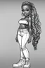 Placeholder: Create a black and white coloring page of a cartoon of a curvy African American chibi female wearing tight jeans and a off the shoulder blouse. She is also wearing timberland boots.. Highly detailed very long extremely braids of hair. Her skin is smooth and silky. Background of a track of ATV riders. No coloring, no shading, no grayscale,