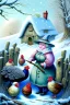 Placeholder: Friendly witch, playing with hens, perfect eyes, pastel colours, snow, style Beatrix Potter