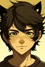 Placeholder: At teen male with messy black hair, gold eyes, large black cat ears, slight smile, tan skin