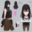 Placeholder: Clear focus,High resolution, Black long fluffy hair, long bangs, and pink eyes, Depressed girl, wearing a crop top, brown raggidy shorts, short black fingerless gloves, Concept art,