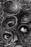 Placeholder: Extreme close-up, hyperdetailed photorealistic charcoal and ink mixed media drawing of a pair of eyes, vignette, tessellation fractal black and white, migraine migraineur pain, horror, stygian, gouache Jan Van Eyck John Stephens James McCarthy