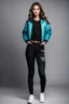 Placeholder: fullbody shot of young-beautiful-girl-with-a-perfect-face-with-make-up-wearing- sport pants and jacket standing , prophesional photography studio