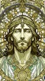 Placeholder: jesus portrait| centered | symmetrical | key visual | intricate | highly detailed | iconic | precise lineart | vibrant | comprehensive cinematic | alphonse mucha style illustration | very high resolution | sharp focus | poster | no watermarks, plain background