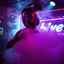 Placeholder: A exhaust pipe performing at dance club, his name is "exhaust pipe" and looks crazy, looks very aggressive look, Neon lights and smog, Im a "exhaust pipe" SIGN ON WALL