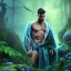 Placeholder: crazy detail, magical forest background, waterfall, blue but cloudy skies,close up of body of cute dark male poet sleeping wearing soft robes and blue gloves,dark stone statue, lively eyes,hidden hands, framed by foliage, shiny eyes, holding up scroll