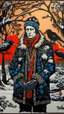 Placeholder: A contemporary serigraphy portrait by Matisse and Kunisada of a human-like crow dressed with a punk leather jacket within a snowy Christmas atmosphere.