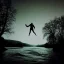 Placeholder: dark man shadow float in sky. scared people. river. river rock . valley . night