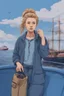 Placeholder: 23 years old girl, with blond hair and a messy bun like selah sue. standing on in a blue boat, wearing blue clothes and holding binoculars watching something in the middle of the sea. You see the whole boat. You see the gril in front. It's a ferry. Wes anderson style. In front. Sarcastic vibe. Old school interior. she stands in the kitchen of the boat.