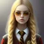 Placeholder: Girl with long wavy brown blond hair, yellow hawk eyes. Wears Hogwarts Hufflepuff uniform and sunglasses with a yellow clip.