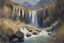 Placeholder: lord of the Rings Edoras waterfall Plitvice ravine, Night, rocks, mountains, river, vegetations, dry weeds, sand, konstantin korovin impressionism paintings