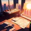 Placeholder: morning sunrise office with papers on the floor and on the desk view from a high floor in a skyscraper cartoon vampire world