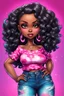 Placeholder: vibrant psychedelic comic book image, airbrush, 48k, cartoon art of a chibi curvy black female wearing torn jeans pants and a pink tie dye off the shoulder blouse. Prominent make up with lush lashes. Highly detailed sleek wavy ponytail