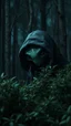 Placeholder: A hooded alien peeking out of a bush in a forest at night, photorealistic