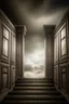 Placeholder: two doorways. behind first door glass glossy staircase made of clouds leads up to the heaven. behind second door staircase made of stone leads down to the hell