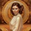 Placeholder: hyperspace background, complete and photo realistic detailed head to waist stunning photo realistic portrait of carrie fisher as Princess Leia in star wars with photo realistic updo hair by Mandy Jurgens and mucha and Richard Schmid and chuck close and chie yoshii, extraordinary and detailed ceremony dress of star wars,brown eyes