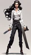 Placeholder: Full body character design, athletic Ukraine female with black wide legged and high waisted pants, white blouse, face made of white porcelain in a Greek sculpture style , long hair, holding a trench cleaver, flat leather pouch on belt, thick heeled shoes