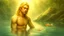 Placeholder: Photograph of a young teen elven male waist-deep water, relaxing, eyes looking at camera, thick golden hair, full lips, aesthetic physique, cute face, shirtless torso, warm skin tone, flawless skin, long hair, koi fish in water, high camera angle, simple loin cloth, calm clear water, dreamy atmosphere, high resolution