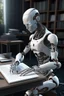 Placeholder: generate a front cover representation of Ai photo realistic attractive full body humanoid bot writing a book at a desk