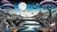 Placeholder: whimsical weird car-fish and bizarre mutant animals in weird whimsical landscape between two long thin bridges, surreal vibe with abstractions, around surreal cracked painted weird land with rocks, trees, two moon, deep dark purple, gray, black, white, brown pale blue colors. style of Chagall , of Minjae Lee and Tim Burton, absurd beauty picture. weird bizarre absurd, nightmare, big neuron network clouds background and thin bridges, too big, too elongated shapes, psychedelic dream