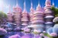 Placeholder: a magical crystal flower lys bougainvillier, blue gold house indian palace castle in the sky blue, magnolias pink,blue lake,sun,white swanns,pink vertical, blue lake,sharp, vines, candlelit, endor, ornate, elegant, highly detailed, artstation, concept art, smooth, sharp focus, illustration, 8k, splash art, wallpaper, key visual