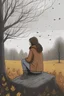 Placeholder: I want an illustration drawn for the cover of a book that deals with a psychologist who is locked in her own head because she is mourning the loss of a family member, however she is sitting on her back looking at the horizon in a sad environment thinking with a photo of that person who has already passed away remembering her, a rainy environment in autumn but her face shows a neutral face pretending not to feel affected