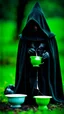 Placeholder: a full-length photograph of a [black-robed hooded Nazgul from the [Lord of the Rings] movies, articulated metal gauntlets] stands over a [small black kitten] which laps from a [small bowl of milk] on the ground, a [huge black warhorse, black saddle] in the background, depth of field, green meadow, mood ominous --style raw