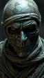 Placeholder: Busch painting style nightmare, a zoomed 3/2 view of the mummy by his face skin is a rusted broken metallic skin texture in a 3d rendering full-height image of a grim and dark scene. Ensure the final images exhibit the utmost quality, encompassing 4K, 8K, and 64K resolutions, with 3D rendering that manifests in photorealistic, hyperrealistic, and highly detailed representations. Employ techniques such as HDR, UHD,