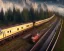 Placeholder: landscape of a train pulling into a station, hogwarts express, platfrom 9 3/4, dynamic lighting, dynamic movement, DSLR, panorama, wide-angle lens, perspective