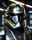 Placeholder: star wars bald male corellian pilot wearing pearlescent black and gunmetal grey First Order special forces heavy assault stealth commando armor and helmet with gold trim inside the jedi temple, hyperdetailed, dynamic lighting, hyperdetailed background, 8k resolution, volumetric lighting, light skin, fully symmetric details